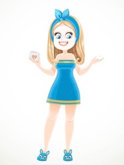 Cute blond girl in sauna towel with cosmetic mask on face isolated on white background