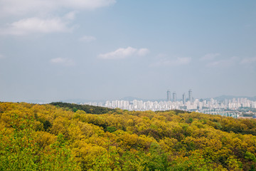 Doksanseong Fortress mountain and Hwaseong Dongtan new town panorama view in Osan, Korea