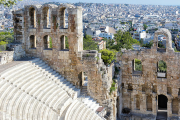 View of Odeon of Herodes Atticus, also called Herodeion or Herodion - a stone Roman theater structure located on the southwest slope of the Acropolis of Athens, Greece