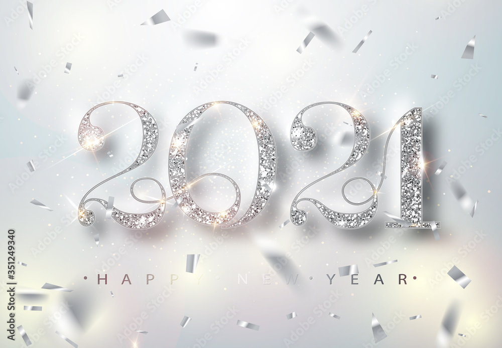 Canvas Prints happy new year 2021 greeting card with silver numbers and confetti frame on white background. vector