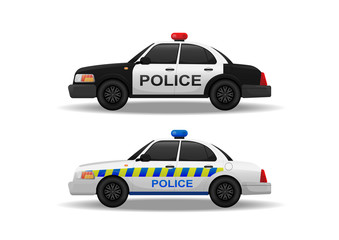Police car side view on white background, vector illustration, isolated