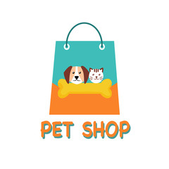 Pet shop or animal clinic logo concept vector illustration on white background. Dog and cat with bone on shopping bag in flat design. Food and accessories for animal store.