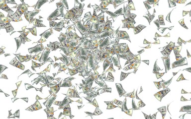 Flying dollars banknotes isolated on white background. Money is flying in the air. 100 US banknotes new sample. 3D illustration