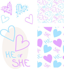 
Set of blue and pink hearts and lettering HE SHE. Patterns and Postcards. Gender Reveal Party.
