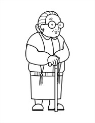 Vector contour old woman in a shawl with glasses and with a cane. Good old grandmother. Retiree, babushka. Elderly woman, senile people concept. For coloring book page. Isolated on a white background.