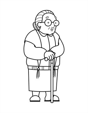 Vector contour old woman in a shawl with glasses and with a cane. Good old grandmother. Retiree, babushka. Elderly woman, senile people concept. For coloring book page. Isolated on a white background.