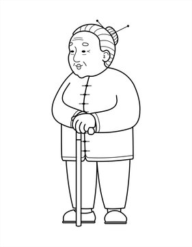 outline vector Asian, Chinese, Korean, Mongolian, Vietnamese Old Woman With A Cane. Elderly Woman in trousers, Senile People Concept. Babushka. Isolated On A White Background.
