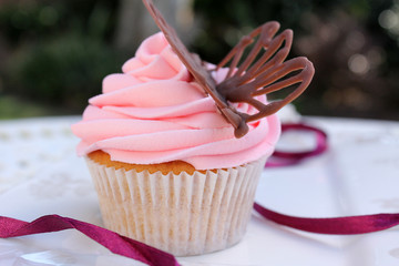 vanilla cupcake with pink frosting and a chocolate butterfly outdoors