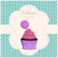 Cupcake with topping in a retro style with a geometric background and retro elements. Vector greeting card for a birthday or holiday. Dessert for a website, bakery, menu, or pastry shop