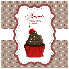 Cupcake with topping in a retro style with a geometric background and retro elements. Vector greeting card for a birthday or holiday. Dessert for a website, bakery, menu, or pastry shop