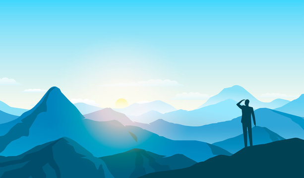 man looking landscape, business goal, motivating illustration