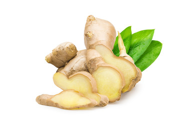 Fresh ginger (Zingiber officinale) with the leaf. Clipping path.