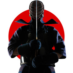 Male in tradition kendo armor on red moon and white background.) Shot in studio. Isolated with...