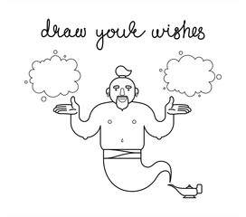 outline, contour genie from a lamp, cartoon character. For coloring book page. The genie will easily fulfill any three wishes. Draw your wishes. Place for drawing. Isolated on a white background.