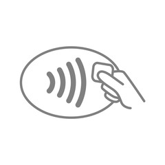 Contactless payment symbol. NFC wireless pay technology outline icon. Hand with credit card and wifi waves. Pos terminal tap to pay concept. Vector flat graphic design illustration