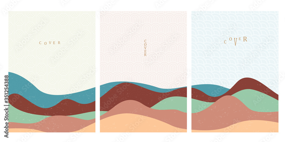 Poster covers templates set with japanese waves patterns and geometric curve hand drawn shapes oriental sty