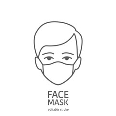 Man avatar wearing facial protective mask. Editable icon. Premium design.