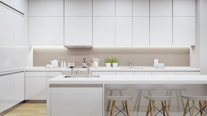 Cabinet of modern kitchen in luxury house. Home interior 3d rendering with white top counter.