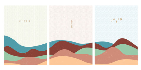 Covers templates set with japanese waves patterns and geometric curve hand drawn shapes oriental style