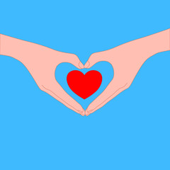  hands are act like heart and has red heart inside on the blue background. valentine, encouragement, love, donate, care concept. Illustration vector.