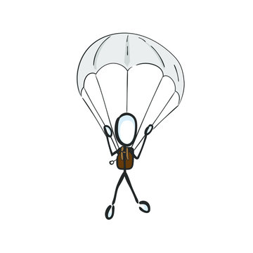 Parachutist jump. Paratrooper fly in the sky. Skydiving. Hand drawn. Stickman cartoon. Doodle sketch, Vector graphic illustration