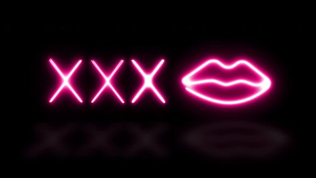 Neon symbol xxx adult entertainment sign and female mouth lips night club three different animations
