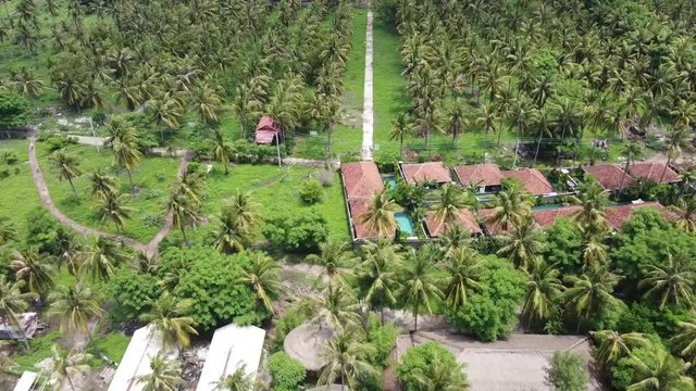 Shots of a Villa in Bali Indonesia Aerial photography of a city on the island of Bali, Indonesia. Palm trees view from the top