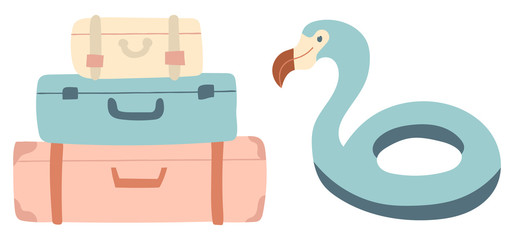 Colorful travel suitcases and rubber bird for the beach, vector illustrations