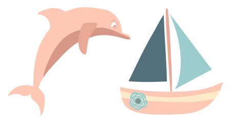 Pink dolphin and sea boat, hand drawn summer vector illustrations