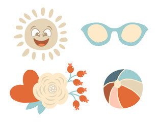 Set of colorful summer set with flowers, smiling sun, sunglasses and beach ball
