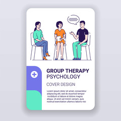 Group therapy brochure template. Counseling with psychologist cover design. Print design with linear illustration cartoon character on a white background.