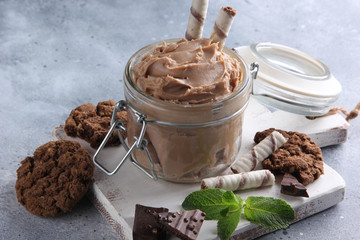 Dessert. Tiramisu, sweet brown paste in a transparent jar with cookies, mint and chocolate on a white wooden board. Background image, copy space