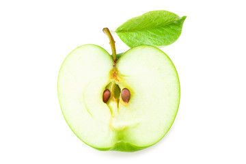 half of green apple with green leaves isolated on white background