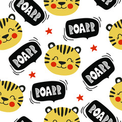 Cute, little tiger cub with the inscription roar and stars, geometric seamless pattern on a white background, isolated vector.