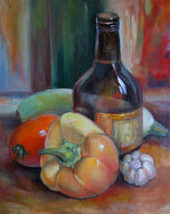 Still life with a bottle, oil painting