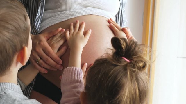 older siblings girl boy sister brother touching pregnancy pregnant belly