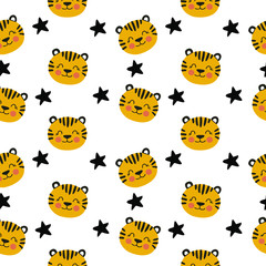 Tiger head with crown, geometric seamless pattern in scandinavian style on a white background with stars, vector.