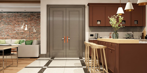 Modern interior of kitchen with living room	