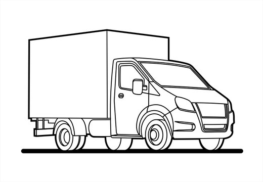 vector outline lorry; isolated on a white background; three quarter view; car template for advertising; small truck; for coloring book page