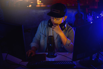 Vlogger editing video create content for upload on social media or internet online connect communication people ware.Social media influencer people or content maker.selective focus