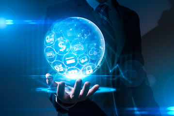 The abstract image of the business man hold the blockchain hologram on hand and element of this image furnished by Nasa. the concept of cryptocurrency, blockchain, internet of things and future life