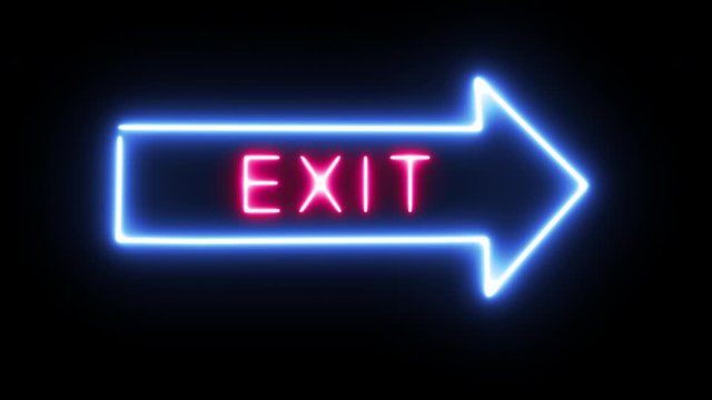 Exit neon light sign animation arrow to the right on black background way out concept