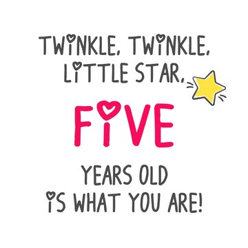 Twinkle, Twinkle, Little Star Five Years Old Is What You Are! Birthday Party Printable Invitation Card, Banner On White Background
