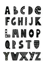 ABC is the latin alphabet. Unique hand drawn nursery poster with handdrawn letters in scandinavian style.