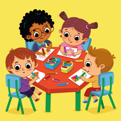 Four kids in kindergarten happily drawing colorful pictures. Vector illustration.