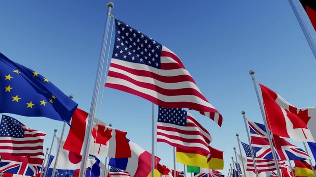 The G8 countries flags waving in the wind. 3d rendering animation.