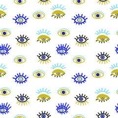 Angry seeing eye mascot symbol, geometric seamless pattern on white background, vector. 