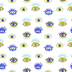 Deurstickers Ogen Boos ziende oog mascotte symbool, geometrische naadloze patroon op witte achtergrond, vector.