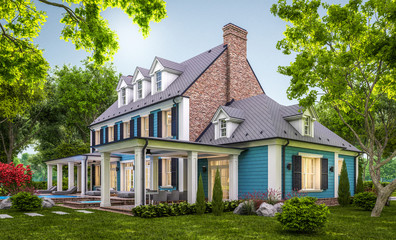 3d rendering of modern cozy classic house in colonial style with garage and pool for sale or rent with beautiful landscaping on background. Clear summer evening with cozy light from window