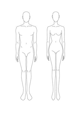Sketch of male and female body. Models. Front view. Template of male and female body for drawing clothes. You can print and draw directly on sketches. Fashion Illustration.
